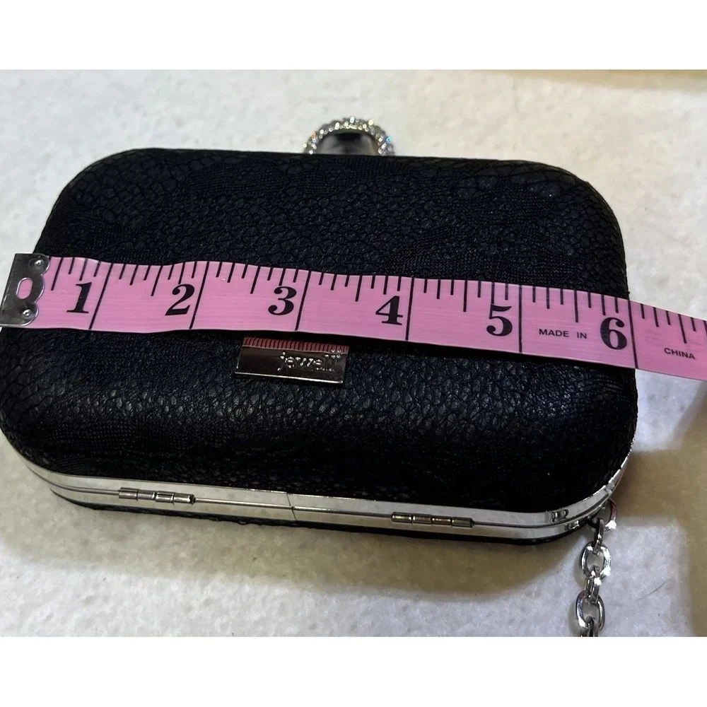 Jewell Black Hard Shell Faux Suede Evening‎ Prom Bag Rhinestone Ring Closure